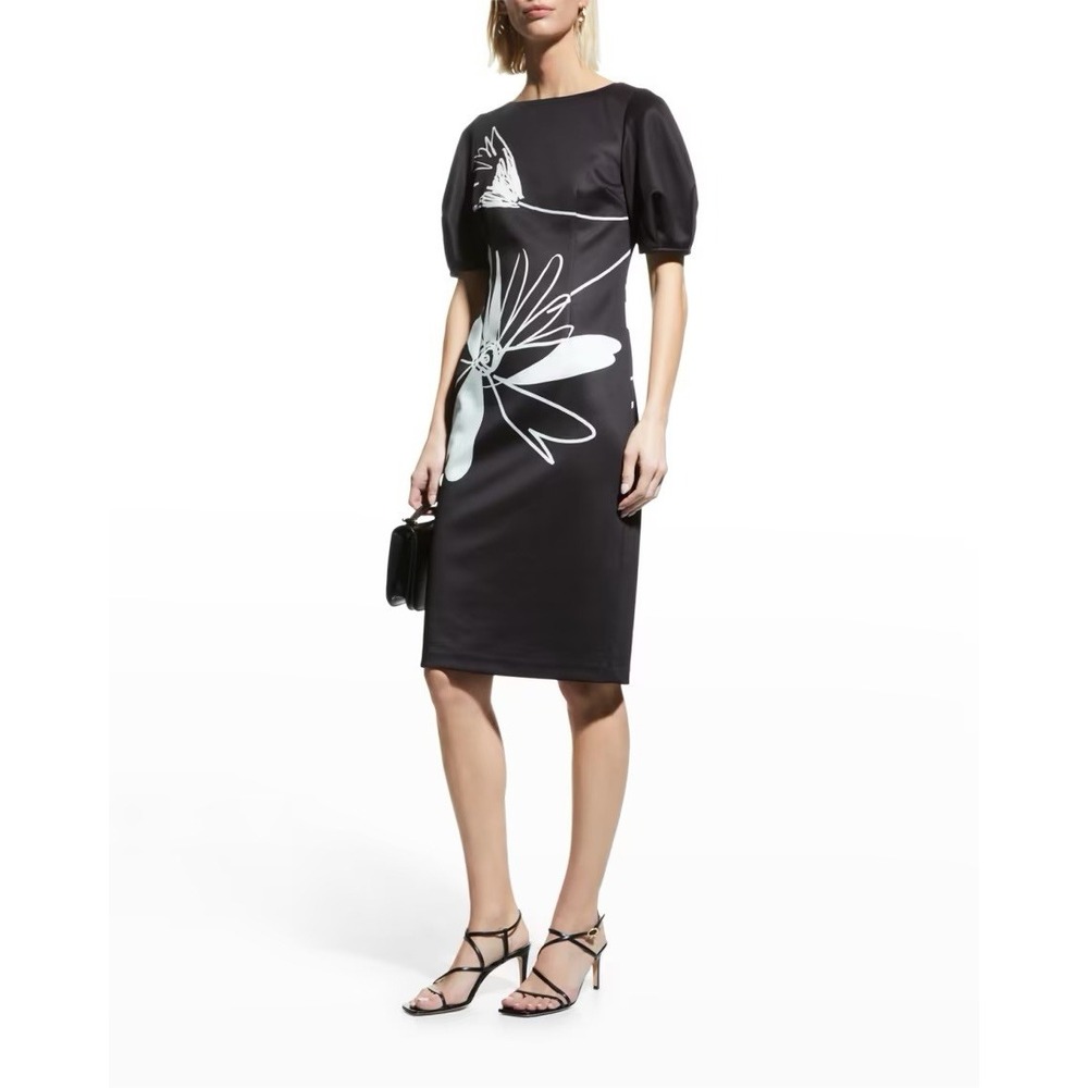 Rickie Freeman by Teri Jon Flower-Print Puff-Sleeve Scuba Dress Size 12 Black